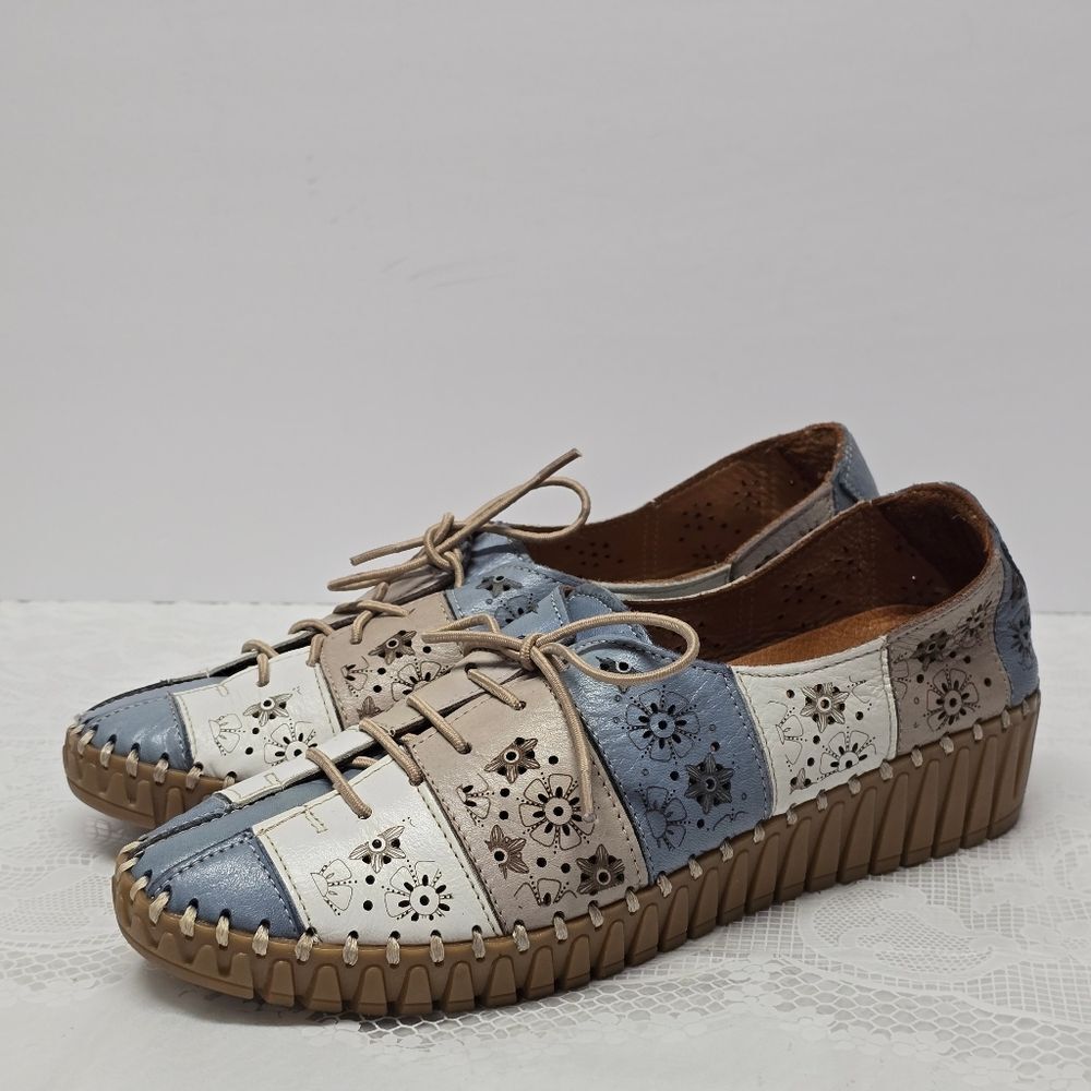 Spring‎ Step Guppy Leather Laser Cut Floral Chunky Sole Lace Up Shoes Loafers 9